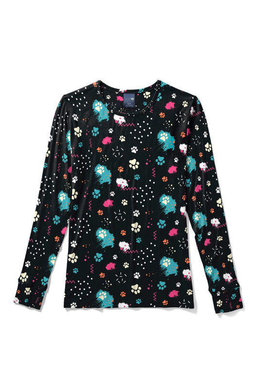 Langärmlige Bedruckte Tunika – Schwarz mit bunten Pfotenabdrücken
