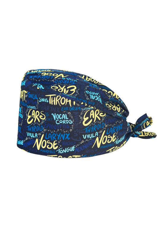 OP-Haube mit Stoffmustern – Dunkelblau mit HNO-Motiv (Nase, Hals, Ohren)