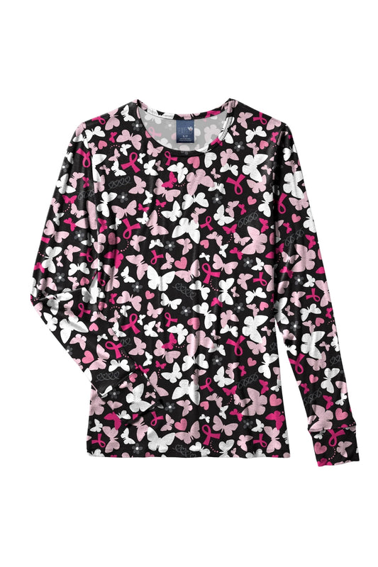 Langärmlige Bedruckte Tunika – Schwarz mit rosa und weißen Schmetterlingen