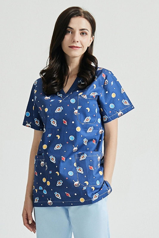 Zahnarzt-Tunika – Marineblau mit Weltraummotiv