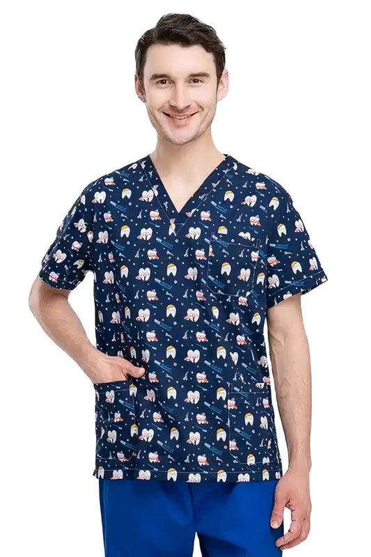 Medizinische Kasack – Marineblau mit Zahnmotiv bedruckt