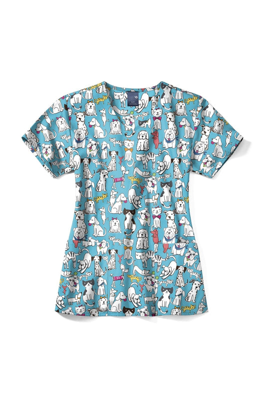 Medizinische Kasack – Hellblau mit Tiermotiven bedruckt