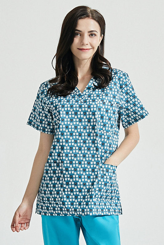 Zahnarzt-Tunika – Blau mit Zahnmotiven