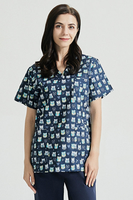 Zahnarzt-Tunika – Marineblau mit Eulenmotiven