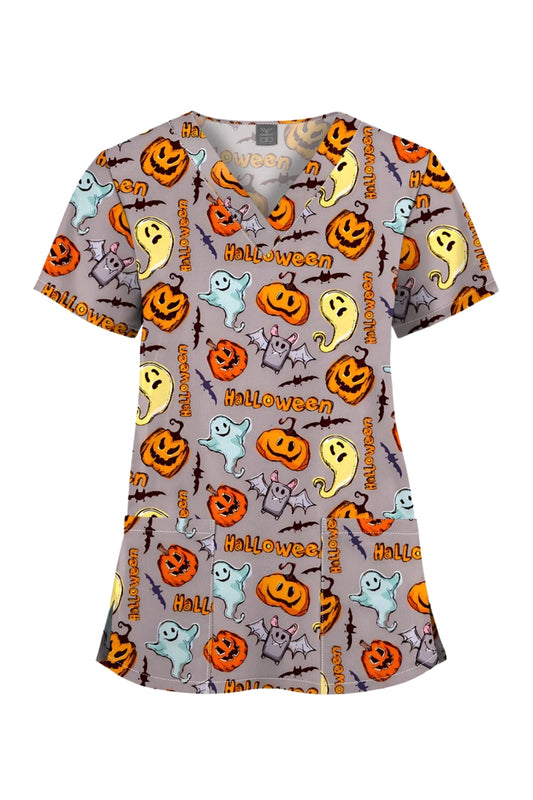Medizinische Kasack – Grau mit mehreren Kürbismotiven (Halloween)