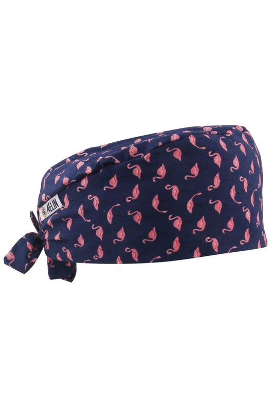 Chirurgen-OP-Haube – Marineblau mit Flamingomotiv bedruckt – Kurz