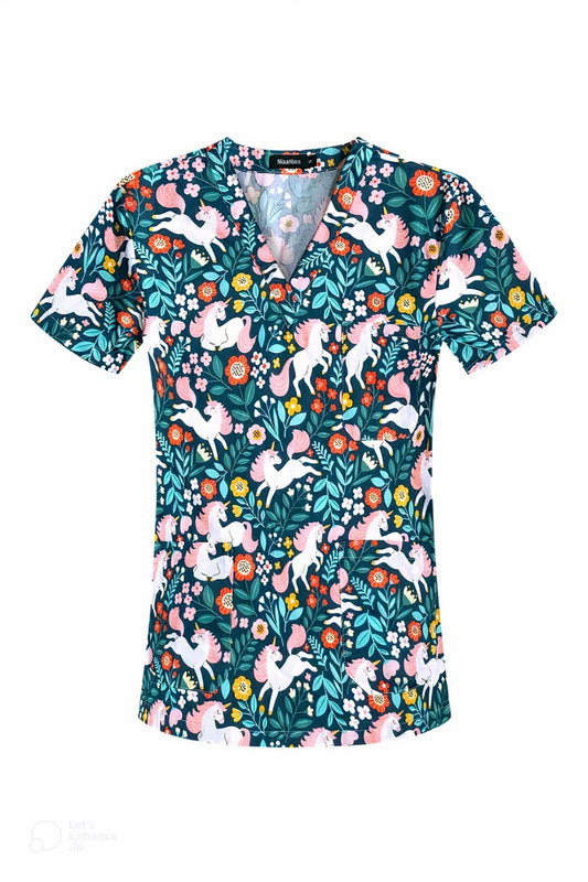 Tunique médicale à imprimé floral coloré et manches courtes pour tenues médicales