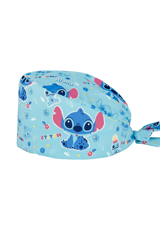 OP-Haube mit Stoffmustern – Himmelblau mit Stitch- und tropischen Blumenmotiven