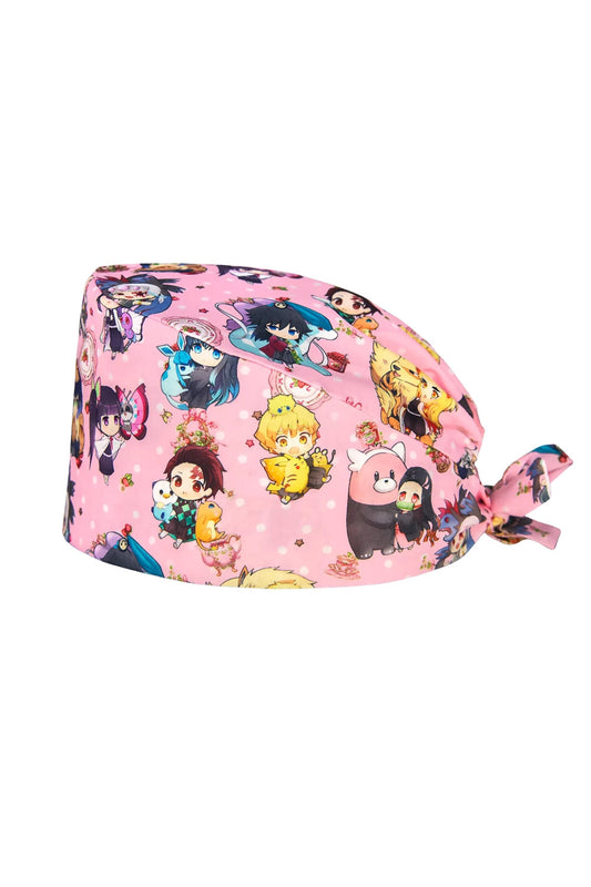 OP-Haube mit Stoffmustern – Rosa mit Chibi-Manga-Motiv