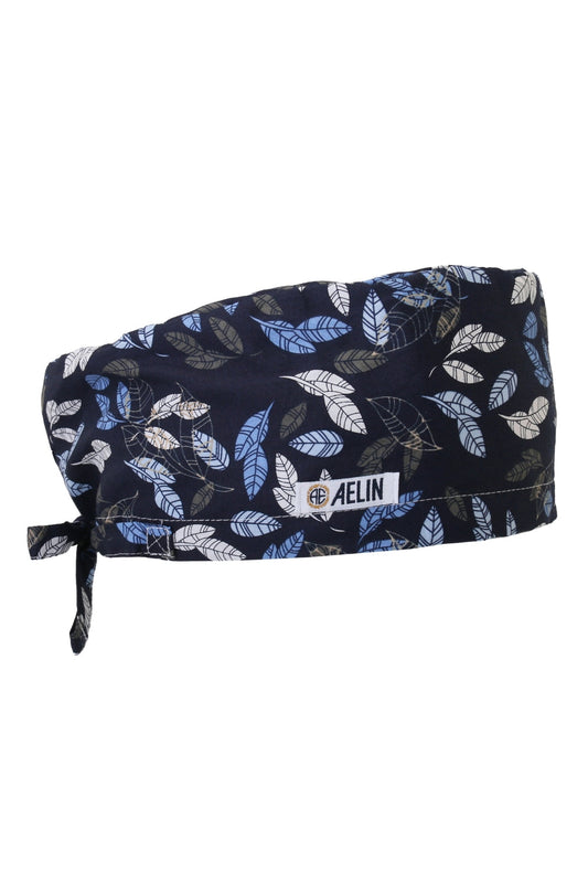 Chirurgische Haube – Dunkelblau mit Blättermotiv bedruckt – Bedeckend