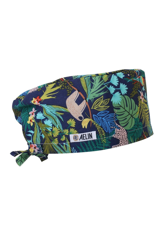 Chirurgische Haube – Marineblau mit Blättermotiv bedruckt – Bedeckend