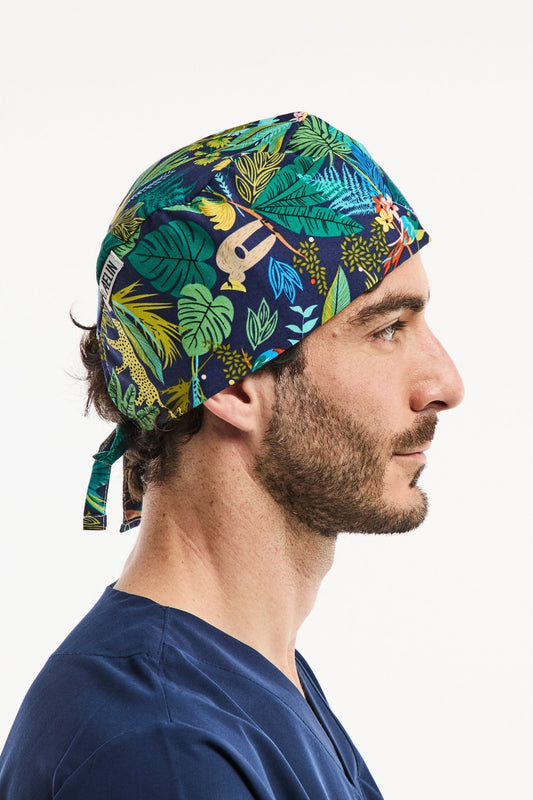 Zahnarzt-OP-Haube – Marineblau mit Dschungelmuster – Kurzes Haar