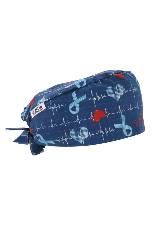 Pflegehaube – Blau mit EKG-Motiv bedruckt – Kurz