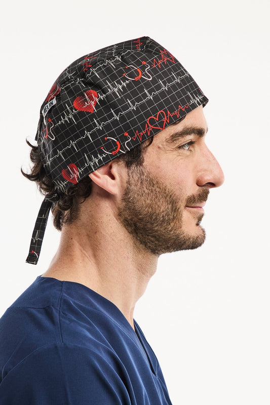 Medizinische Haube – Marineblau mit Stethoskop-Motiv bedruckt – Kurz