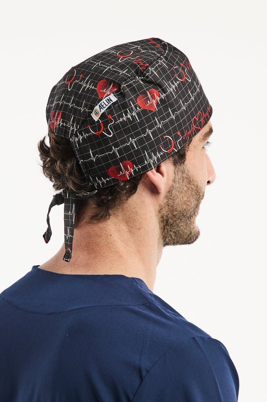 Medizinische Haube – Marineblau mit Stethoskop-Motiv bedruckt – Kurz
