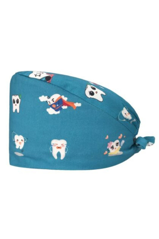OP-Haube / Pflegehaube – Türkisblau mit Zahnmotiv bedruckt
