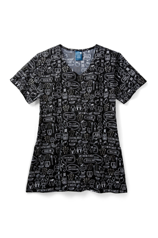 Medizinische Kasack – Schwarz mit Zahnmotiven bedruckt