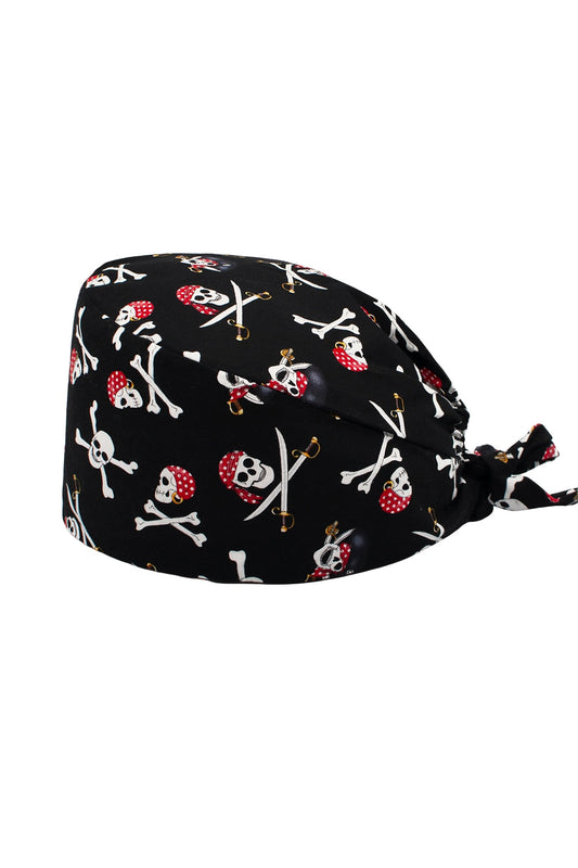 OP-Haube mit Stoffmustern – Schwarz mit Totenkopf-Piratenmotiv