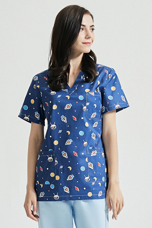Zahnarzt-Tunika – Marineblau mit Weltraummotiv