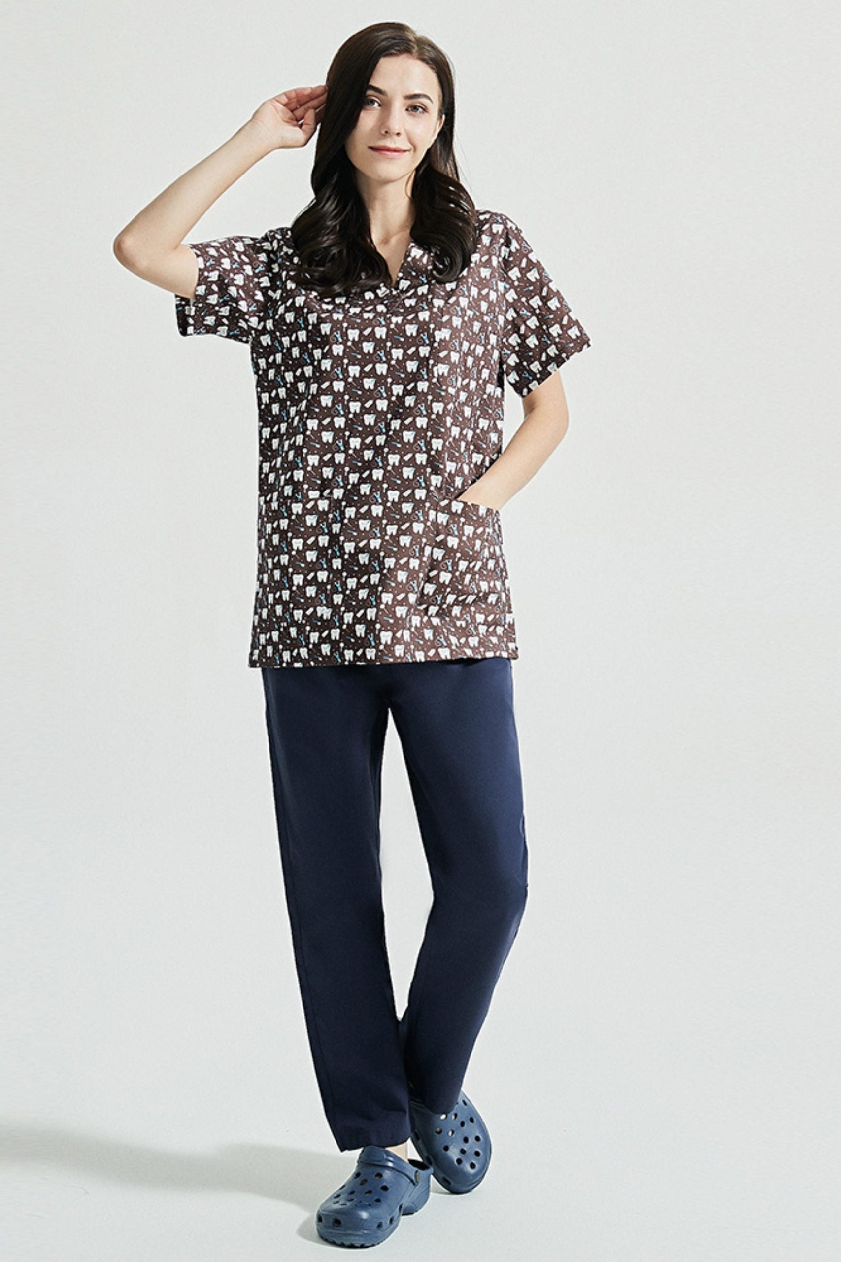 Tunique dentiste - Marron à motifs dentaires