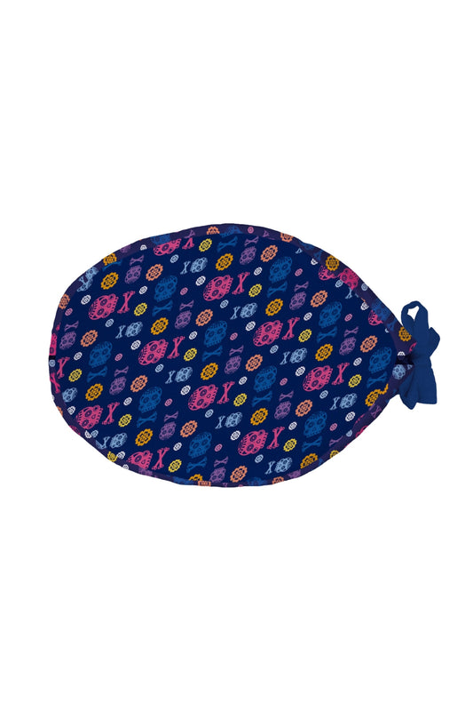 Medizinische Haube – Marineblau mit farbigem Skelettmotiv
