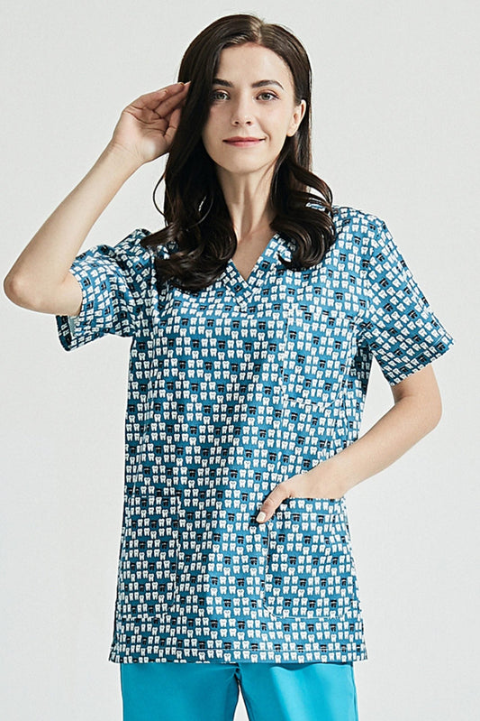 Zahnarzt-Tunika – Blau mit Zahnmotiven
