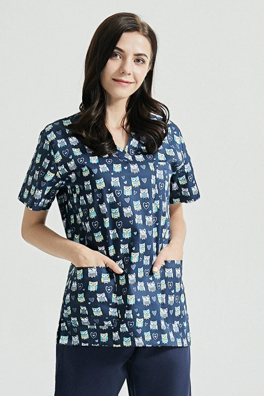 Zahnarzt-Tunika – Marineblau mit Eulenmotiven