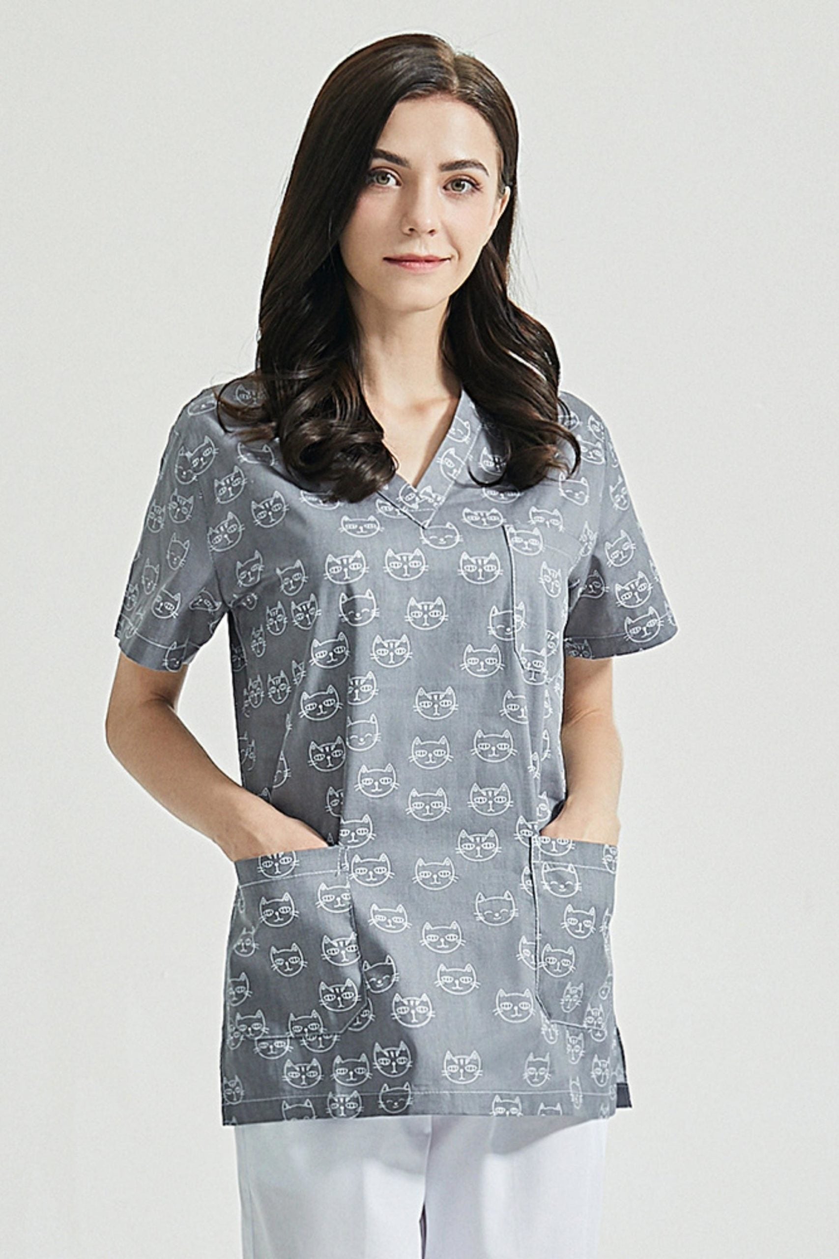 Blouse médicale - Gris imprimé chats