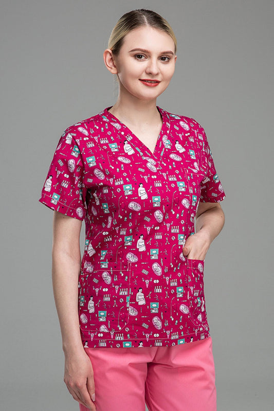 Blouse médicale imprimée - Rose motifs médicaux