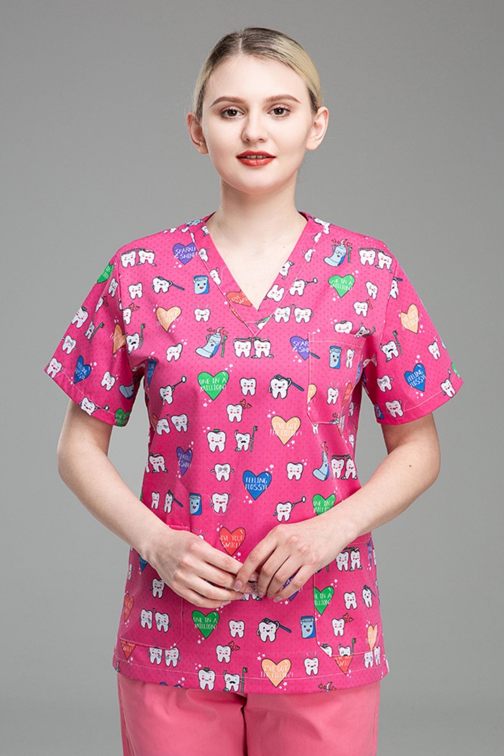 Blouse médicale - Rose imprimé dents