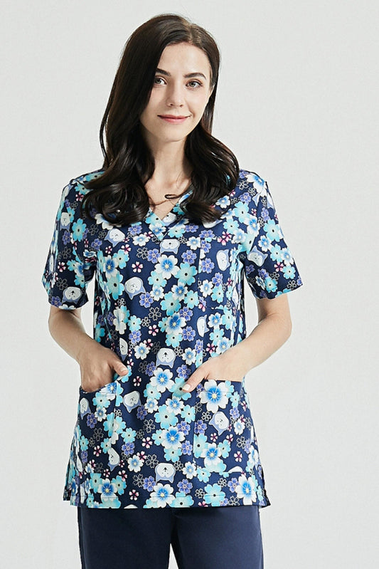 Unisex Medizinische Tunika – Marineblau mit Blumenmuster bedruckt