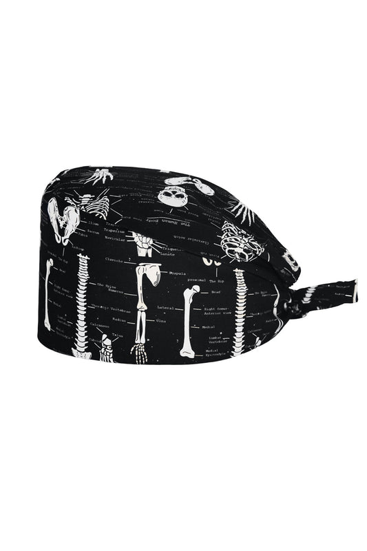 OP-Haube mit Stoffmustern – Schwarz mit anatomischem Skelettmotiv