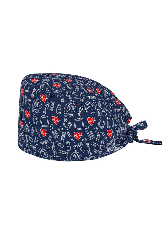 OP-Haube mit Stoffmustern – Marineblau mit medizinischen Motiven „Healthcare Heroes“