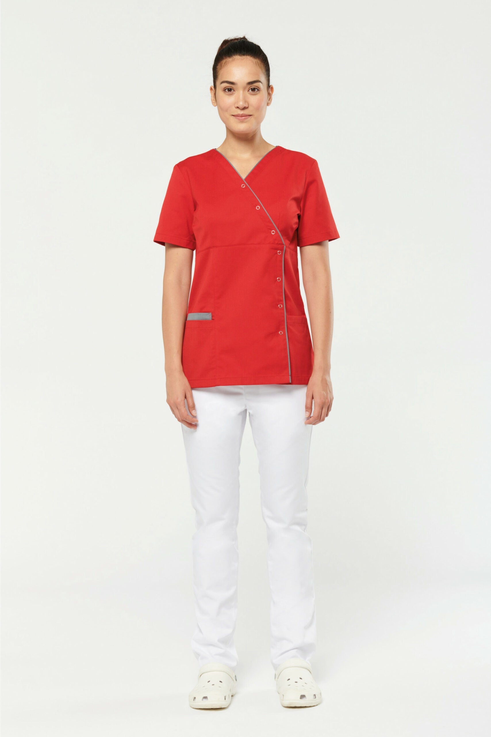 Tunique médicale rouge à boutons, conforme à la norme ISO, lavage industriel 75°C