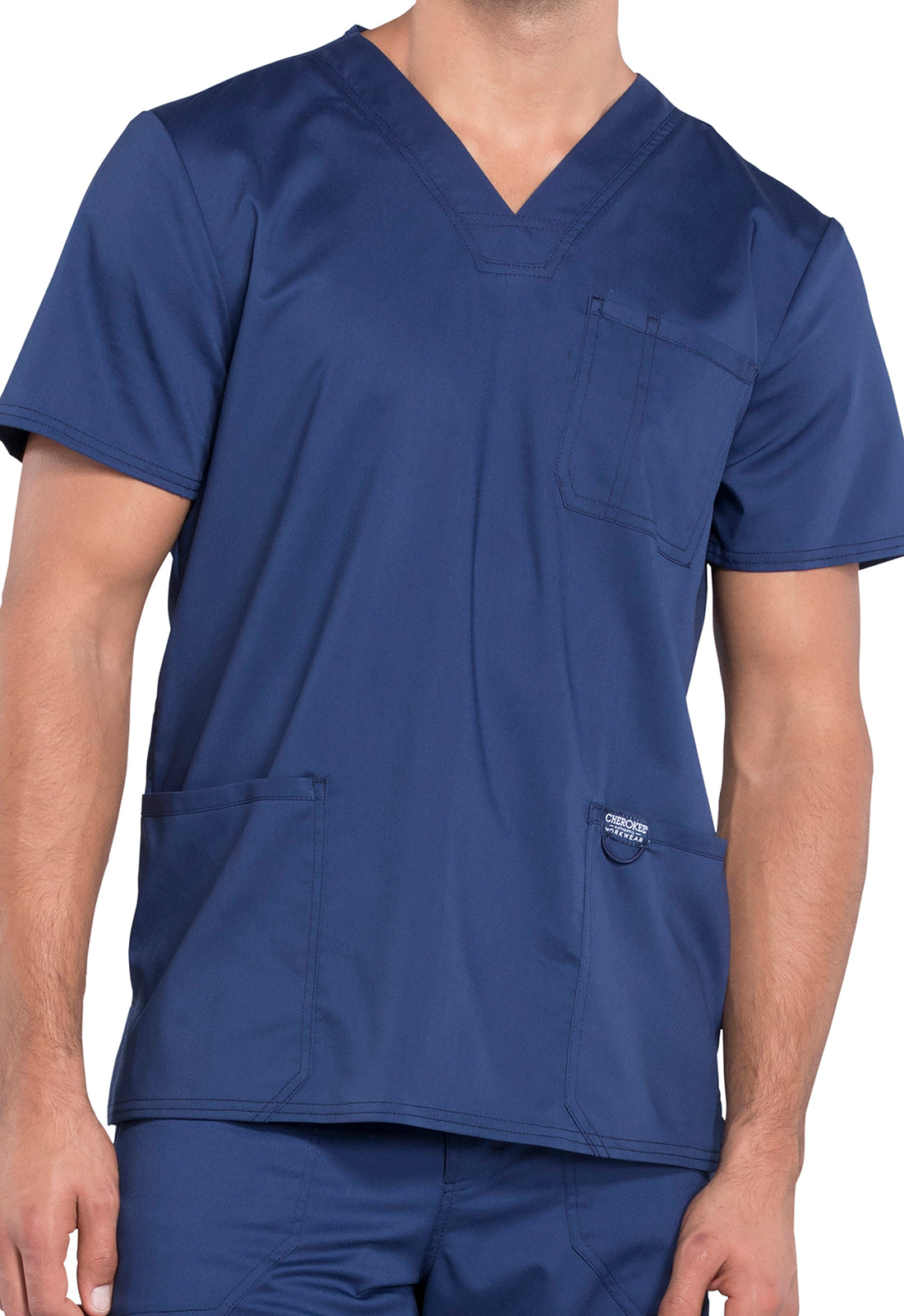 Tunique médicale Cherokee en bleu marine, V-cou, manches courtes et poches pratiques