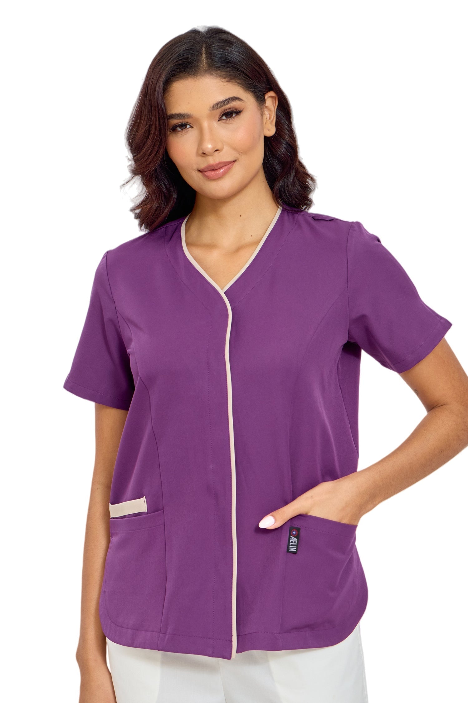 Blouse médicale femme Serena violette avec pressions dissimulées et manches courtes
