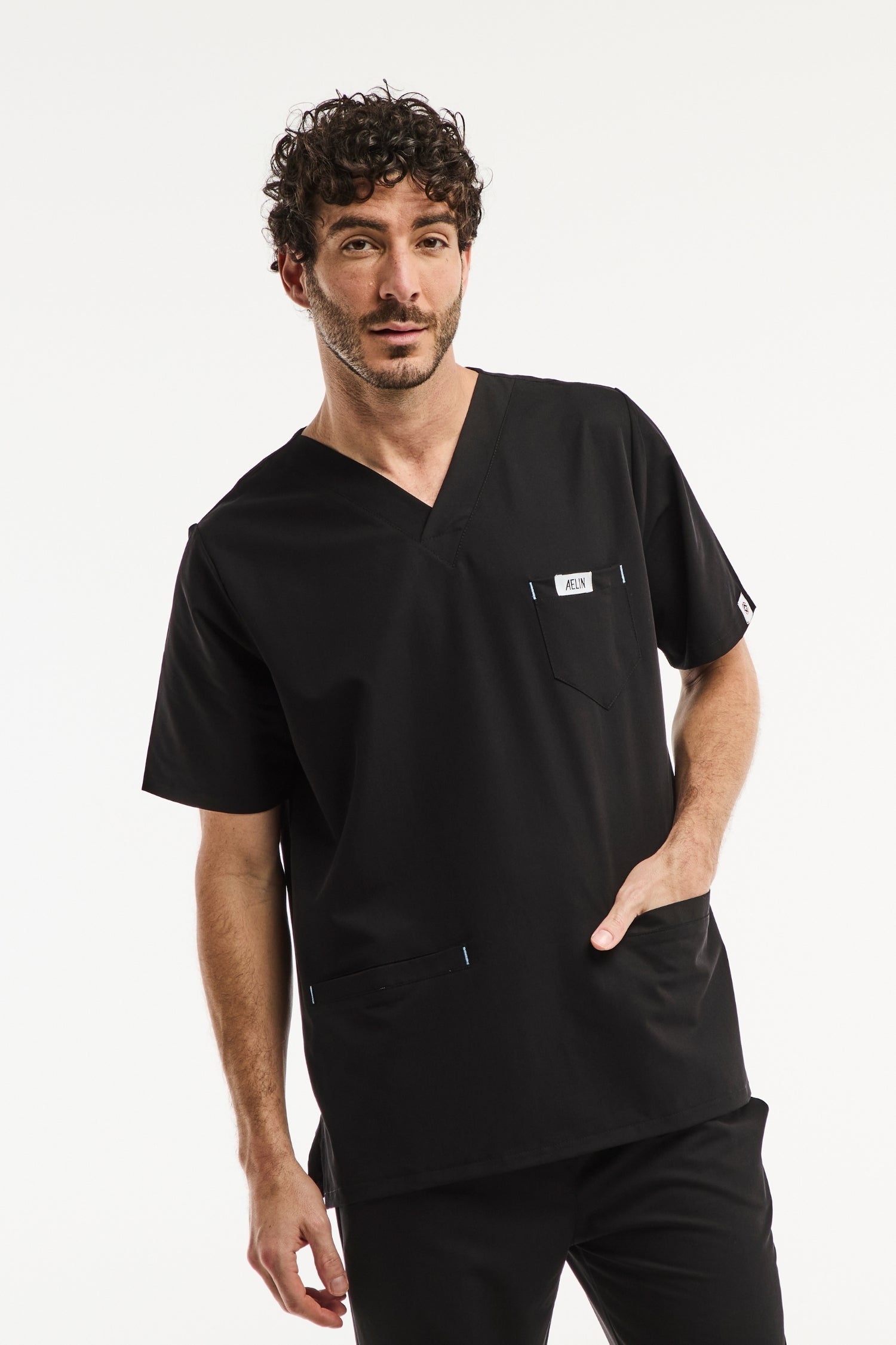 Tunique médicale noire en V Slimfit pour homme, idéale pour les tenues médicales