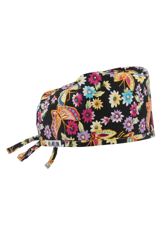 OP-Haube – Schwarz mit Schmetterlings- und Blumenmotiv – Standardgröße