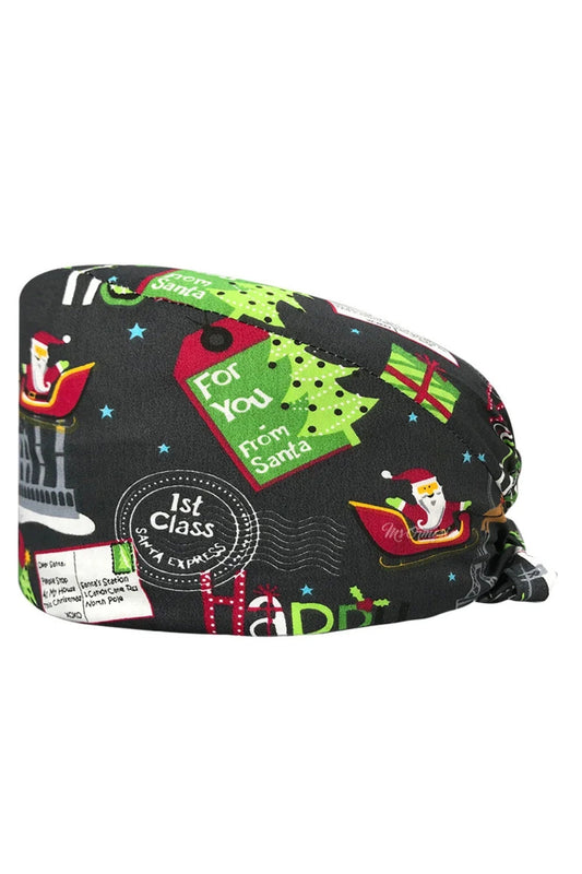 Calot médical coloré avec motifs de Noël sur fond noir, s’adapte confortablement